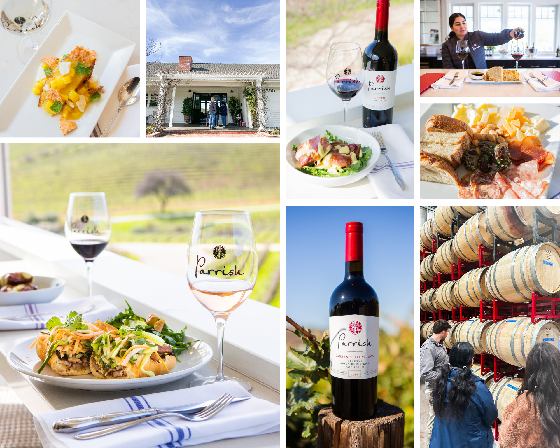 Wine and food photography at Parrish Family Vineyard, including red wine bottle and grapes.