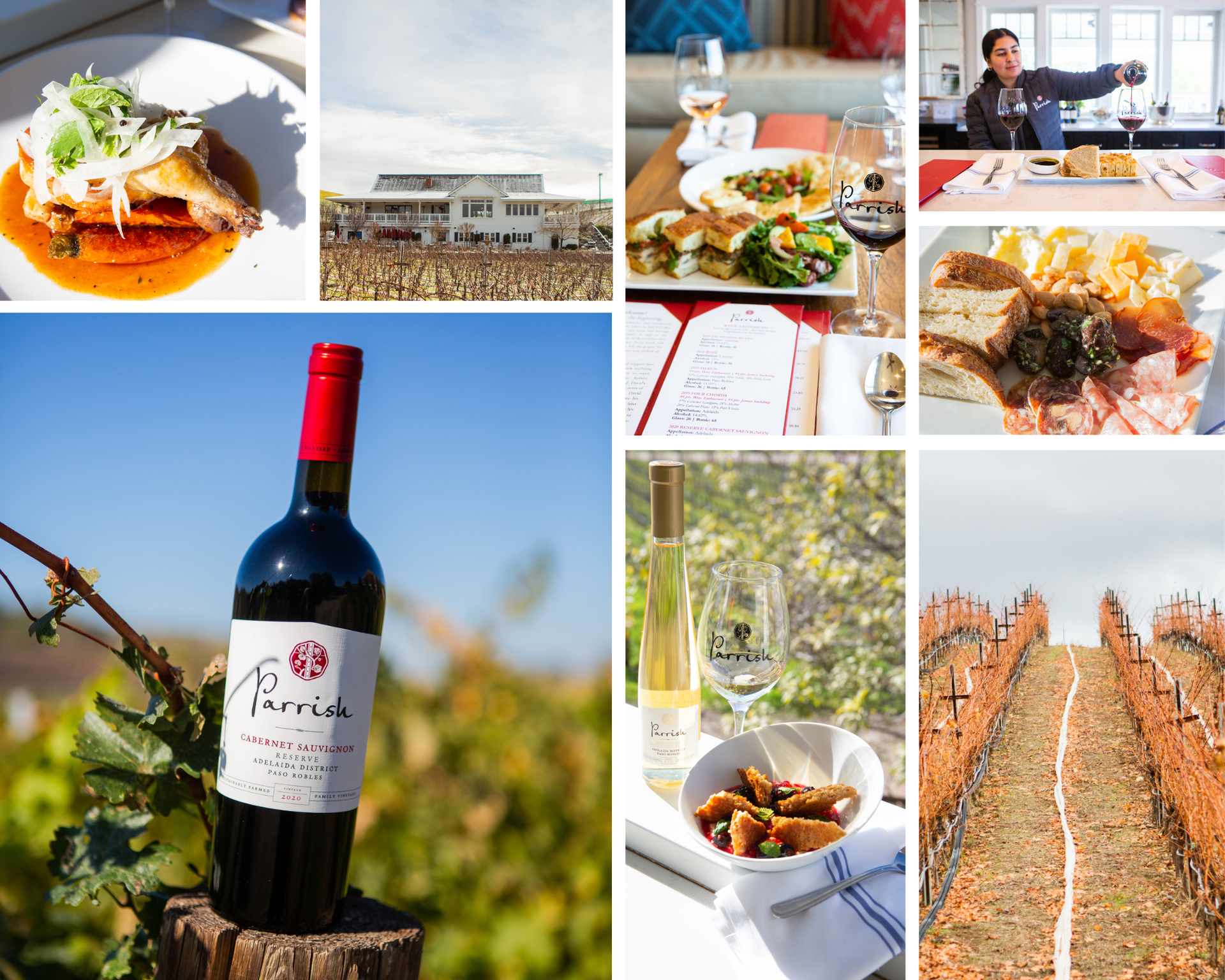 Wine and food photography at Parrish Family Vineyard, including red wine bottle and grapes.