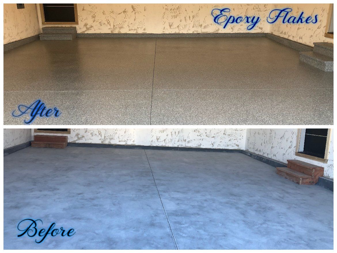 Before and After Epoxy Flakes Flooring — Silverthorne, CO — K J M Floor Store
