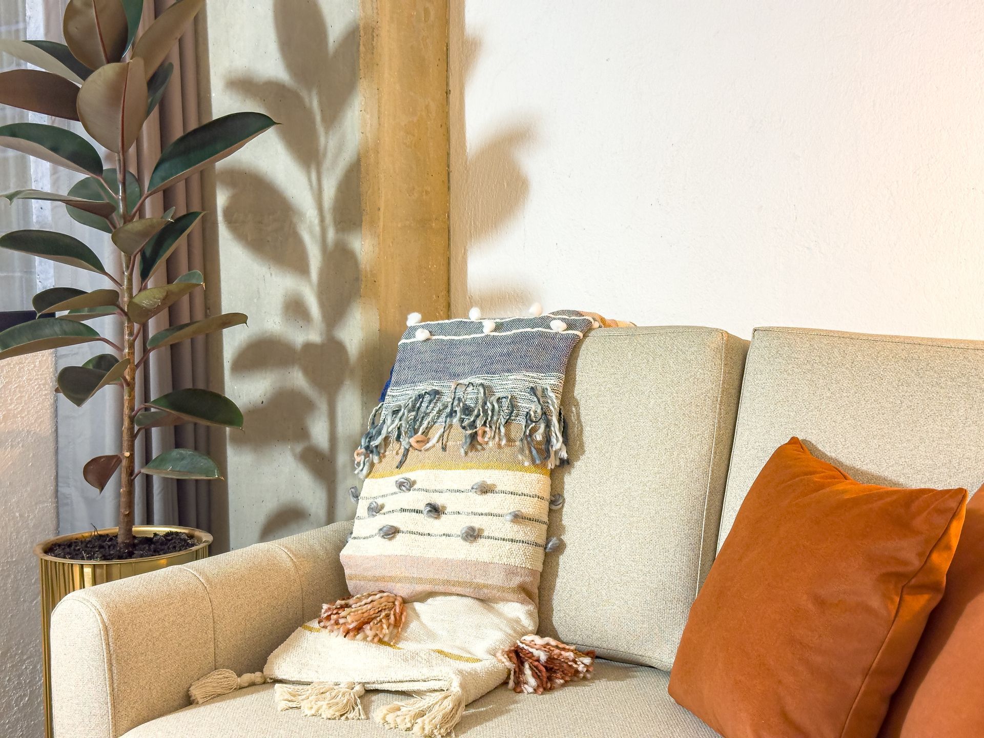 A living room with a couch , chair , and potted plant.