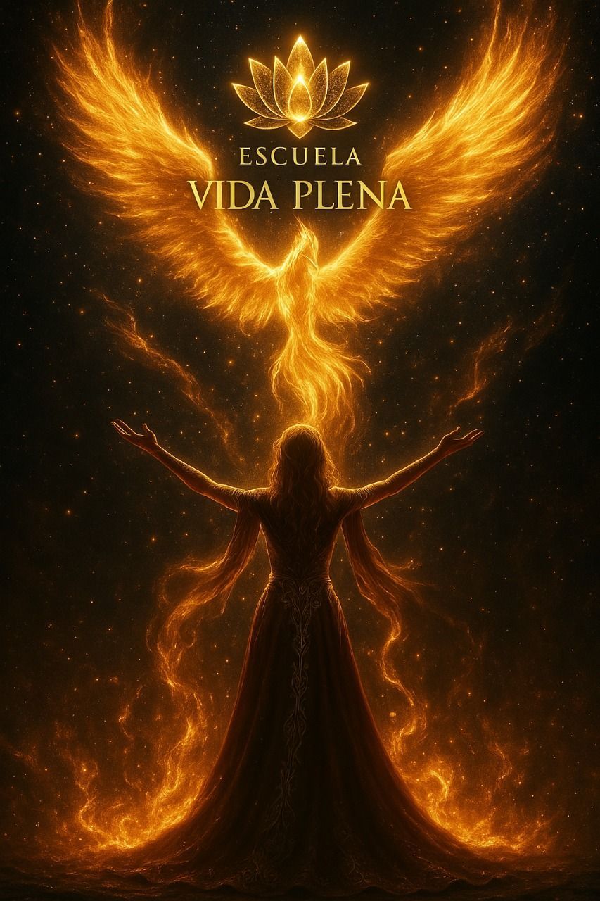 Una mujer está parada frente a un fénix que dice escuela vida plena