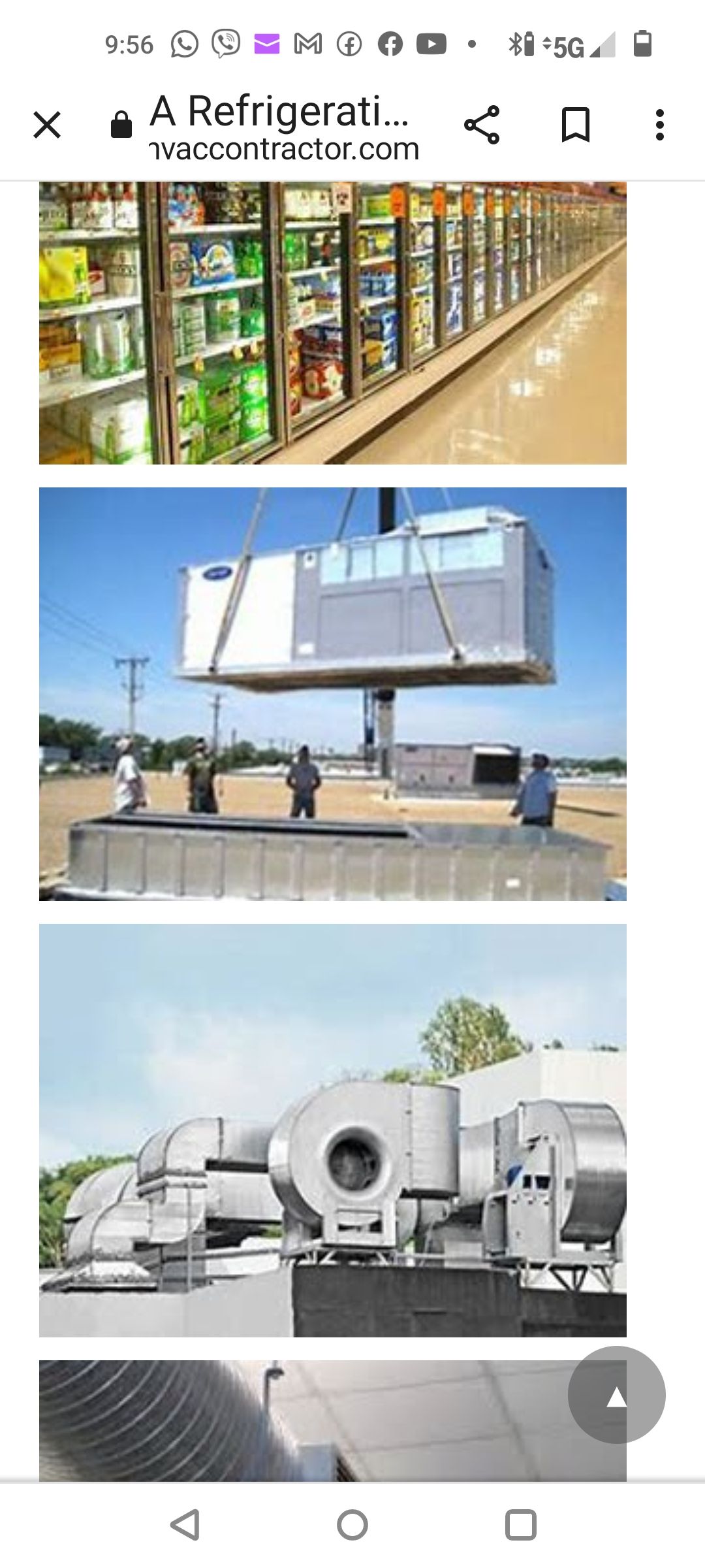 Refrigerated supermarket display cases, a large unit being lifted, and industrial HVAC equipment.