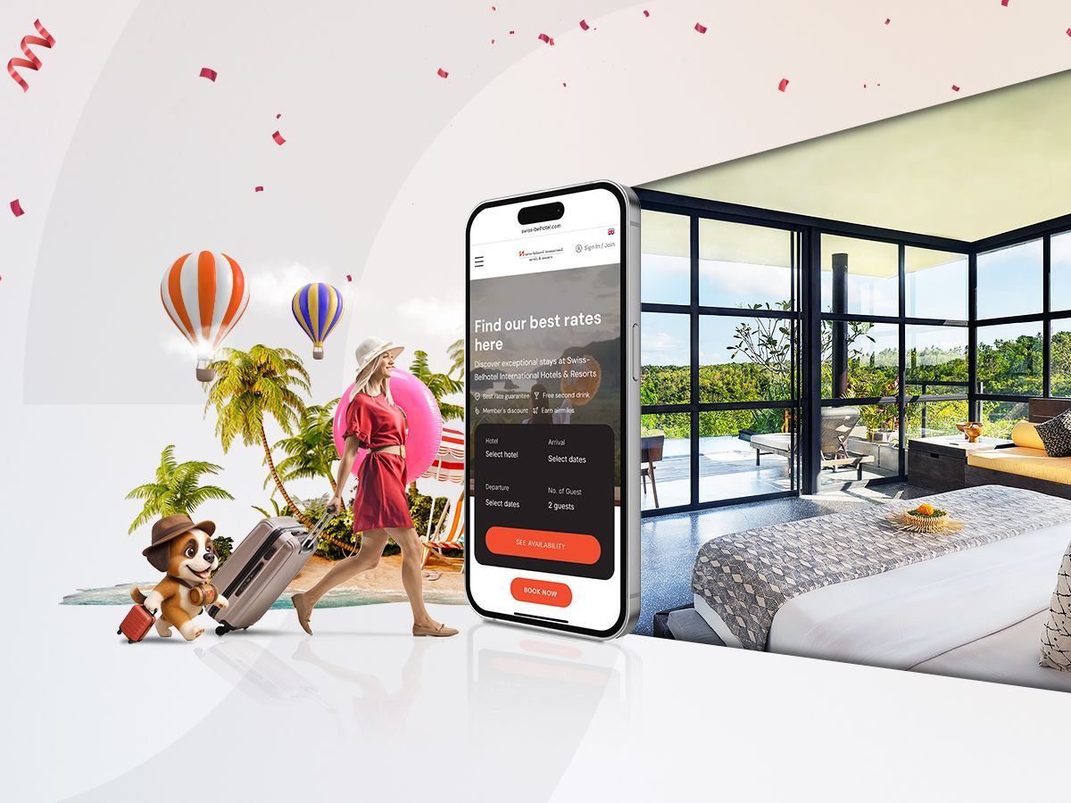 Woman and dog with luggage walking toward a smartphone displaying a travel app, leading to a hotel room.