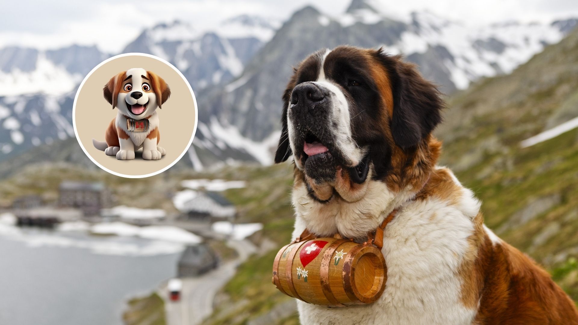 Saint Bernard dog wearing a wooden barrel on a mountain with a lake, cartoon dog in a circle.