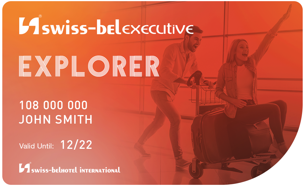 A swiss-belexecutive explorer credit card with a picture of a man and woman