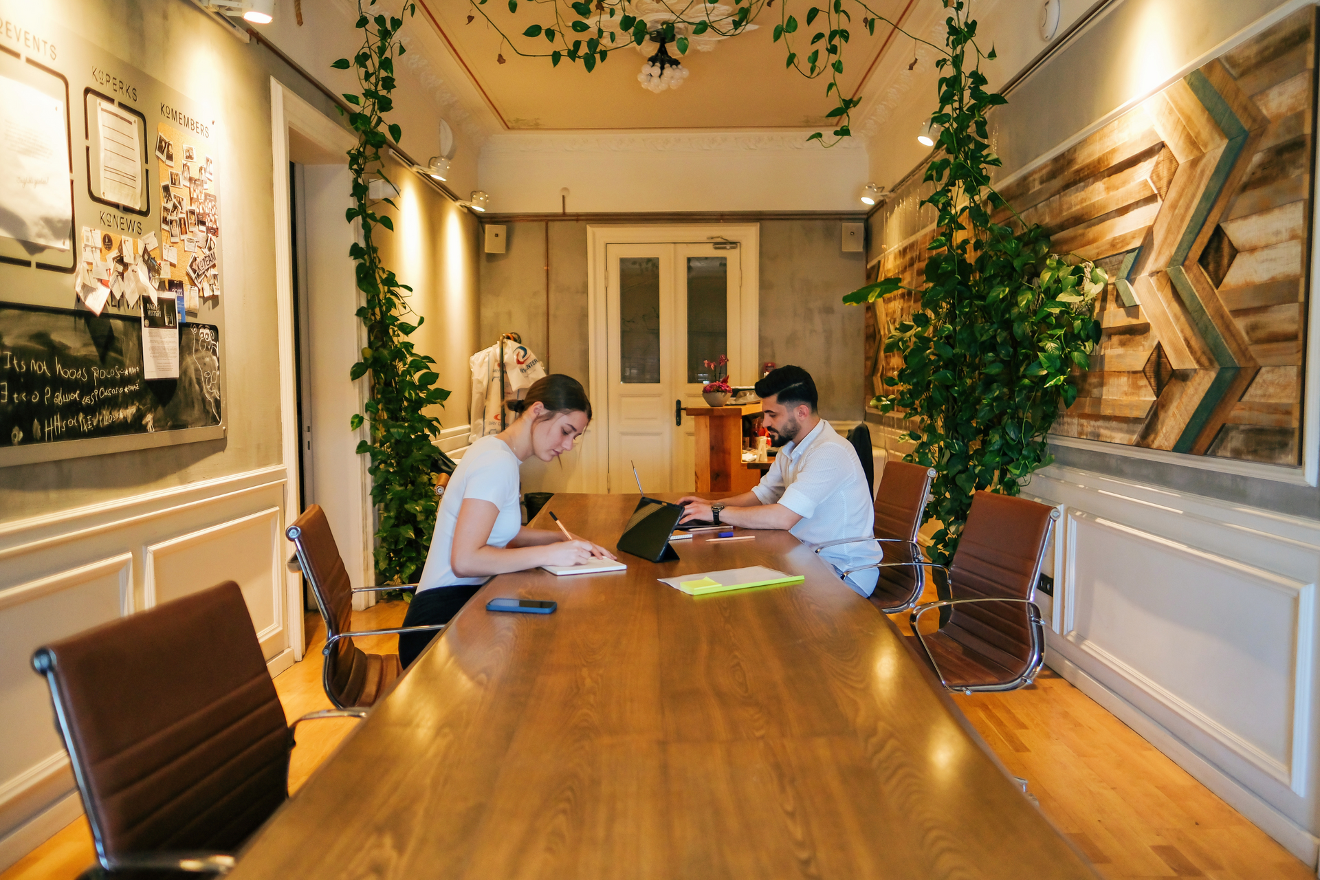 Two people seated at a long wooden table, working in a modern office with decorative plants.