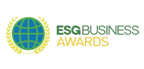 A logo for esg business awards with a globe and laurel wreath.