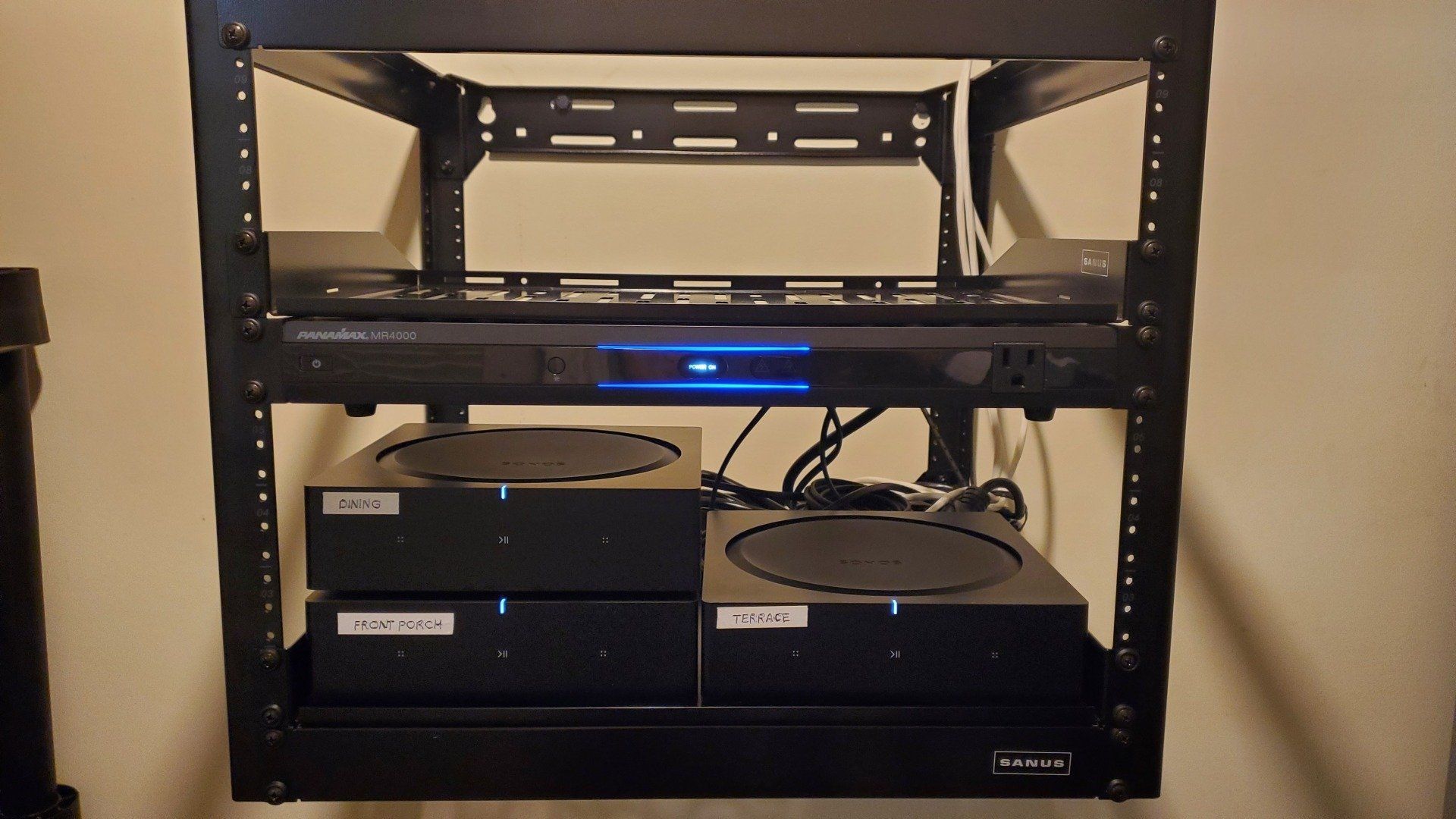 a home network rack with audio amplifiers installed by fisher electronics in northern ohio.