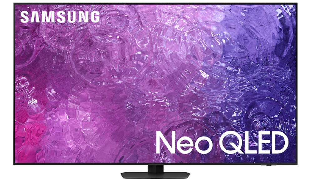 a samsung neo qled tv with a purple background with black friday samsung tv sales