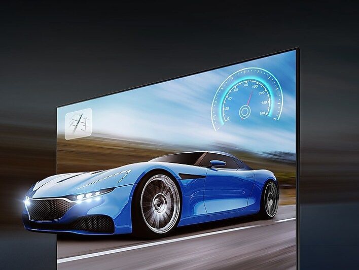 A blue sports car is driving down a road on a Samsung television screen.