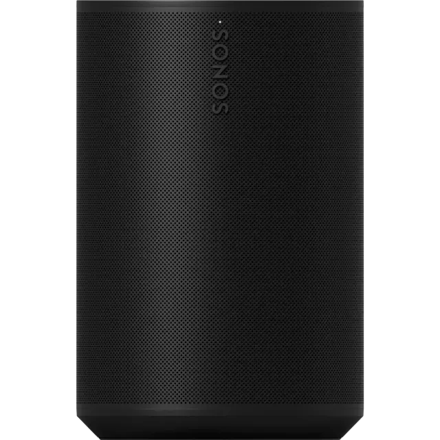 A black sonos speaker is sitting on a white surface.