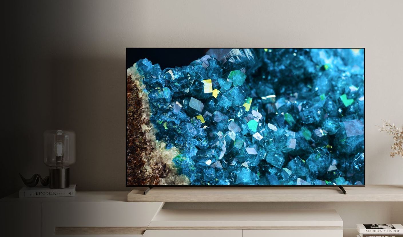 a sony a80l oled tv displays a picture of blue crystals on the screen
