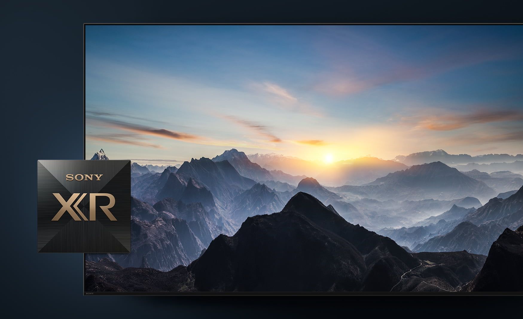 a sony branded television with a picture of mountains showing the sony XR processor
