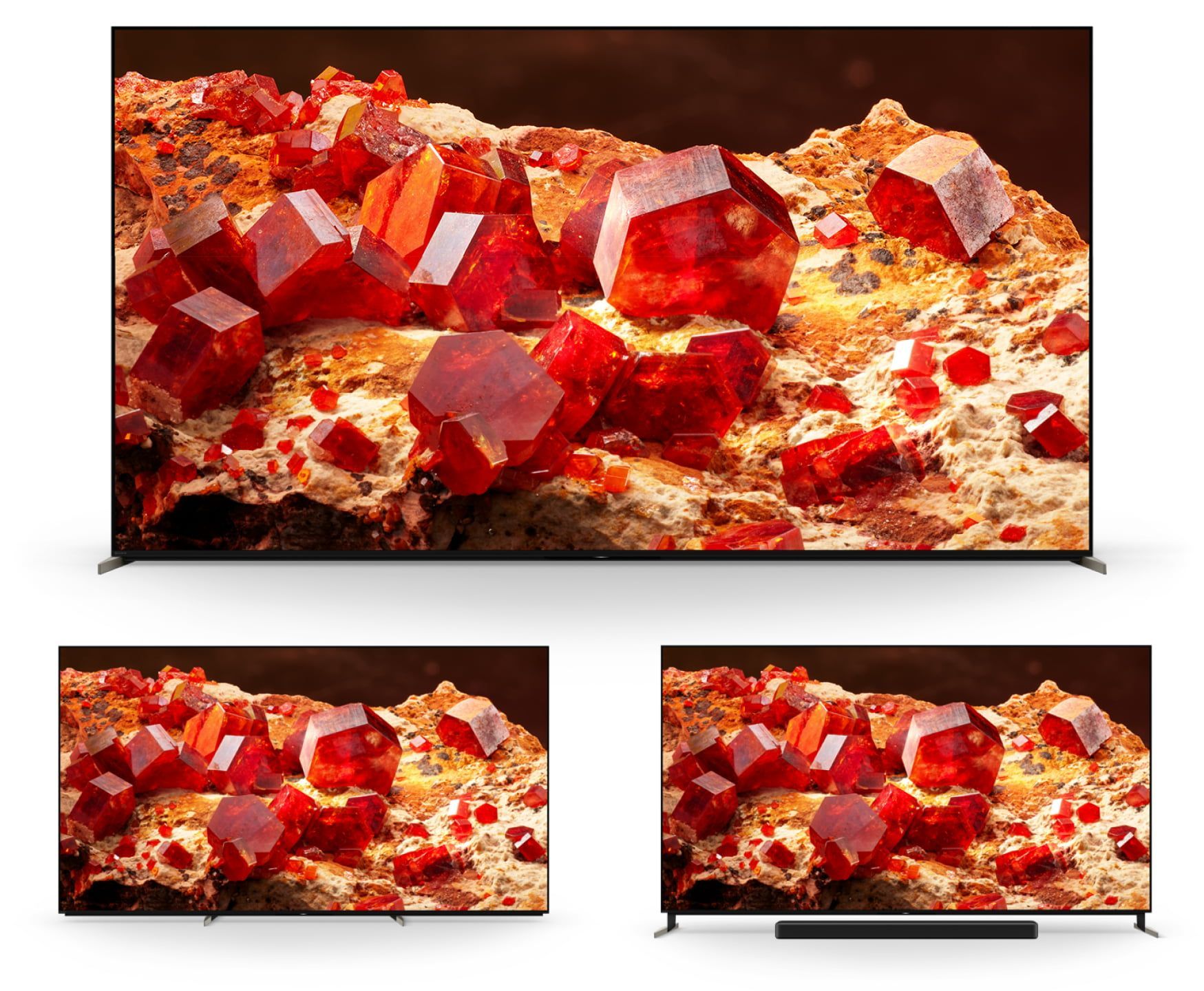 a picture of red crystals on a rock on a tv showing the sony mini led stand height options to work with a soundbar