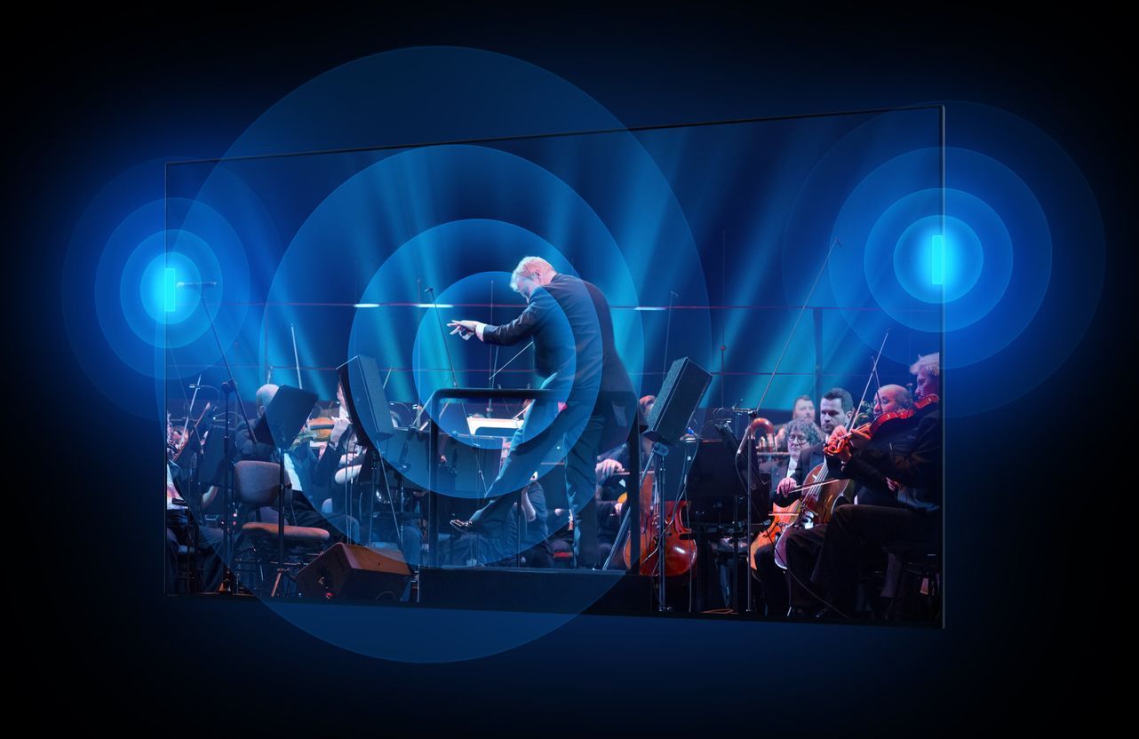 a large screen shows a conductor leading an orchestra describing elevated and precise sound on a sony mini led tv