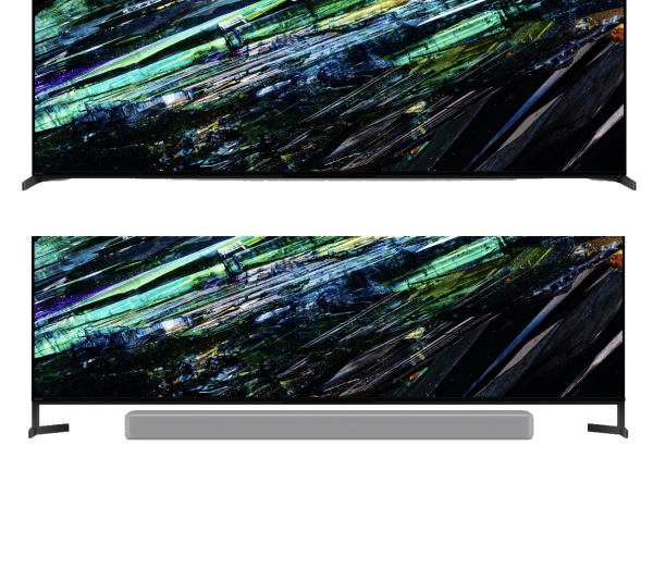 a sony oled television with a painting on the screen and soundbar height adjustment
