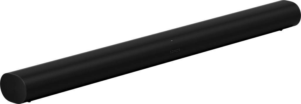 a black sonos arc soundbar is sitting on a white surface with sonos sales by fisher electronics in northern ohio