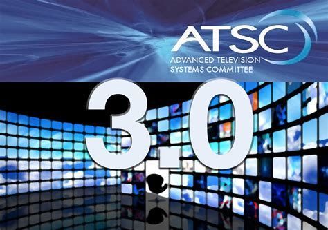 a logo for the advanced television systems committee with a picture of a wall of television screens .
