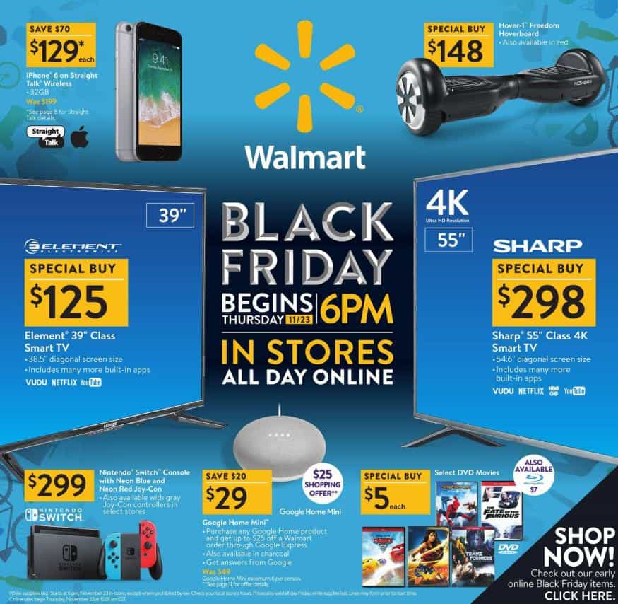 a black friday ad for walmart shows a nintendo switch, iphone, hoverboard, 55