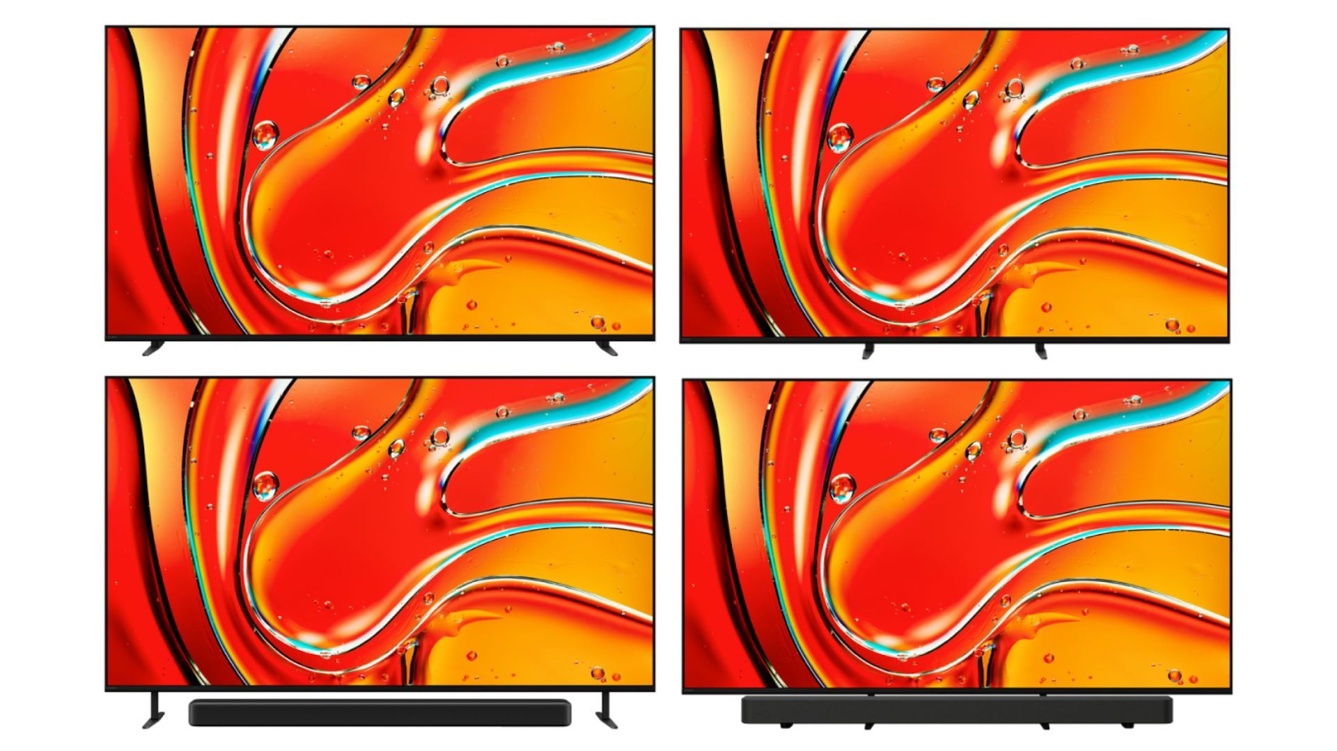 Four different bravia 7 television stands with a colorful background