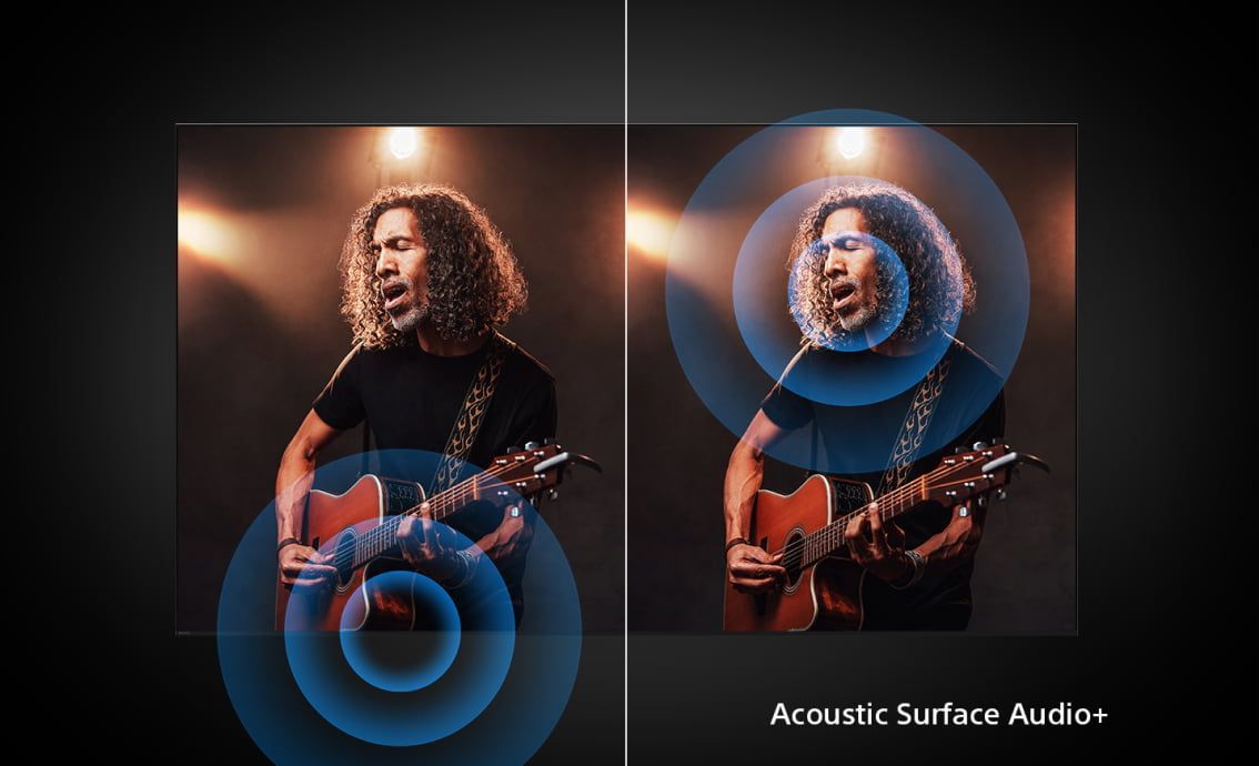 a picture of a man singing and playing a guitar on a sony tv featuring acoustic surface audio
