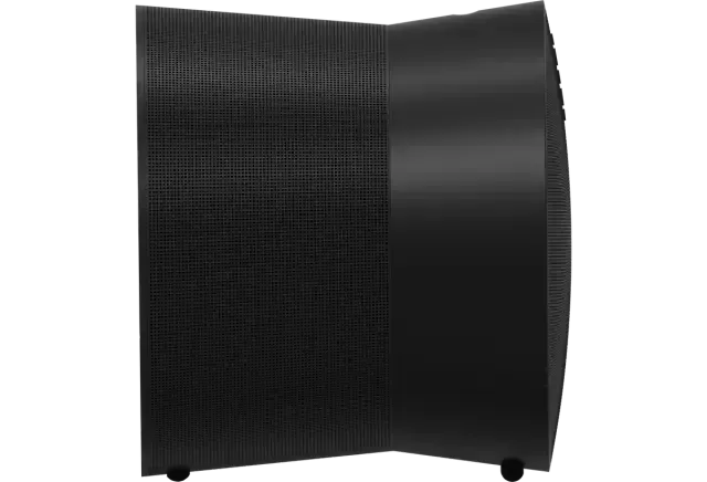 a close up of a black speaker on a white background