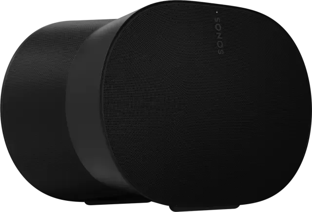 a black sonos speaker on a white background