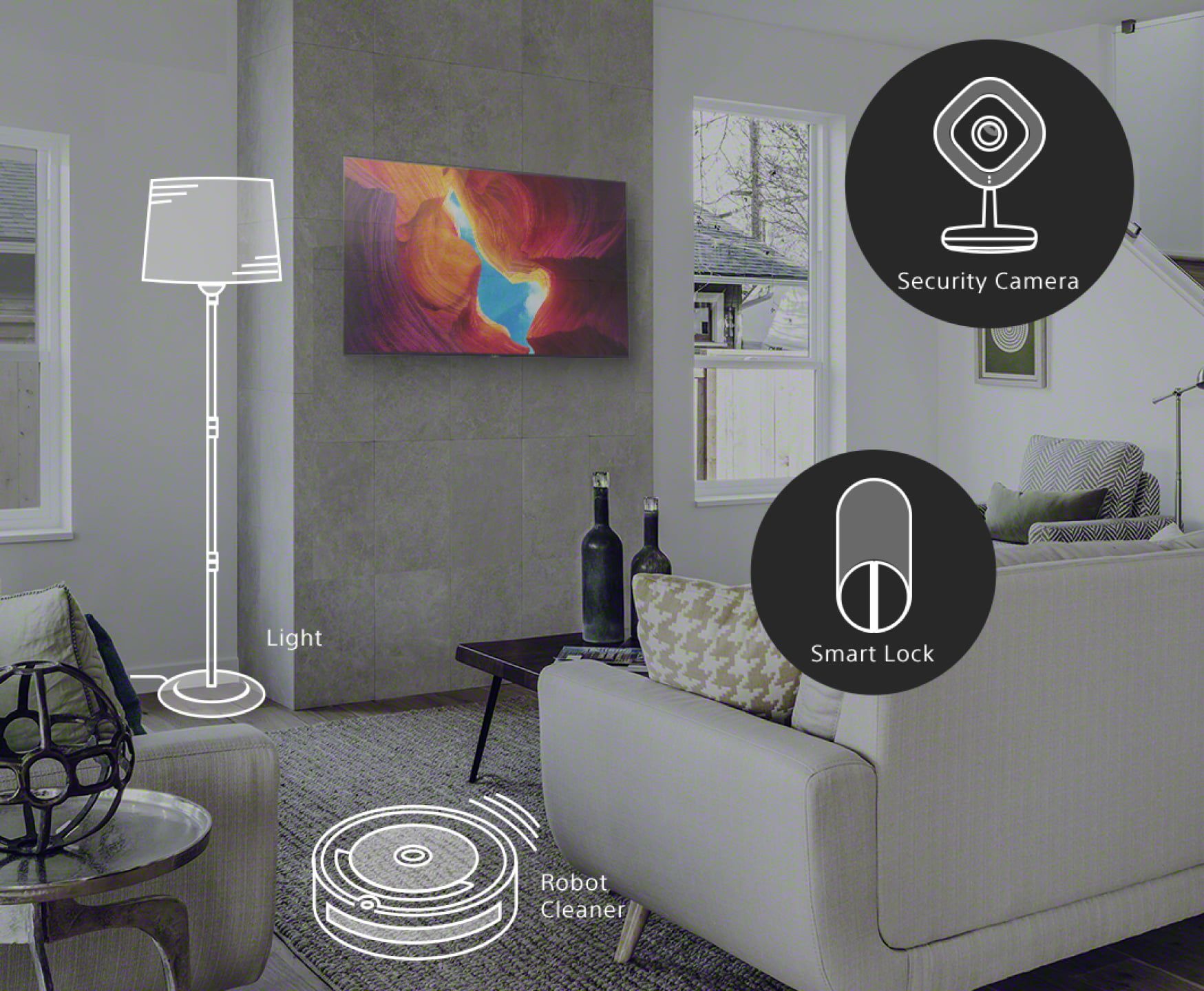 a living room with a lamp a robot cleaner and a security camera controlled by a sony google tv