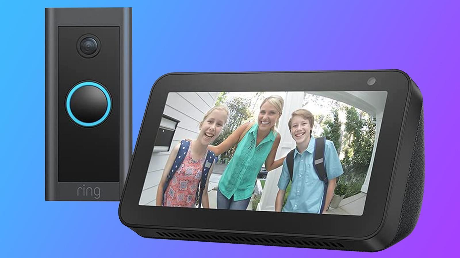 A ring doorbell with a picture of three children on it
