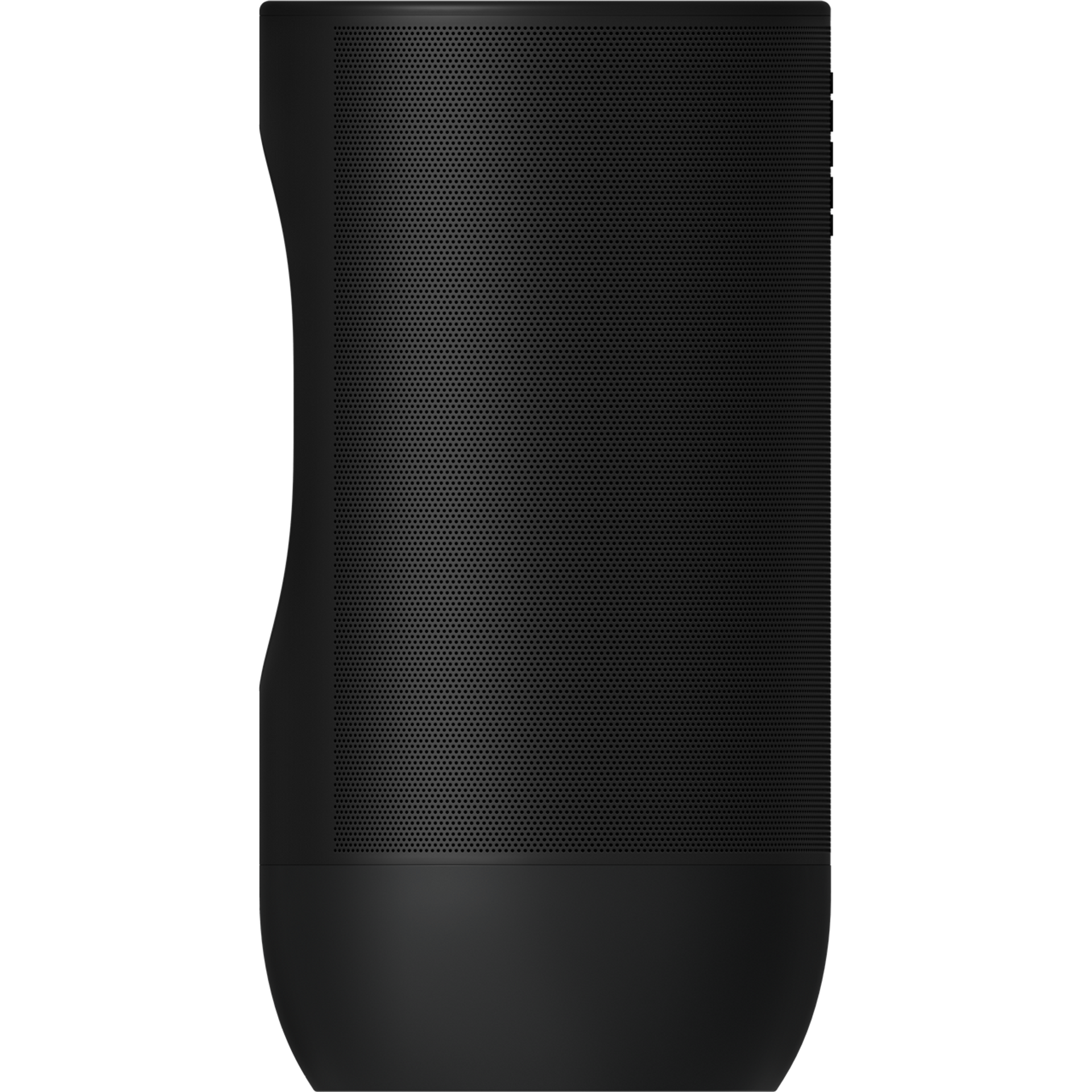 a black speaker with holes in it is sitting on a white surface .