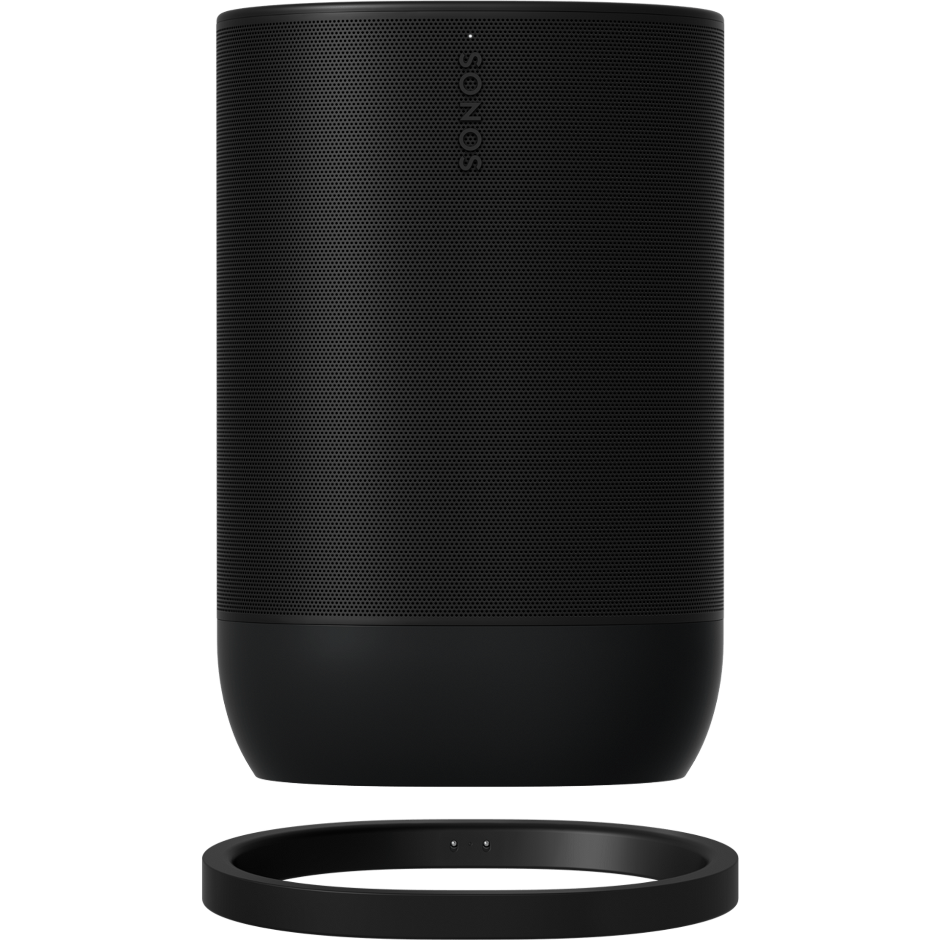 a black speaker with a ring around it on a white background .