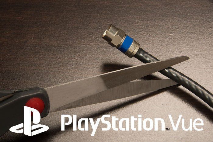 a pair of scissors cutting a coax cable next to the playstation vue logo
