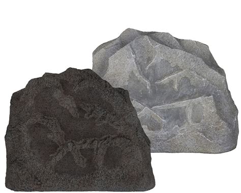 two rock speakers, one black and one gray, are sitting next to each other on a white background