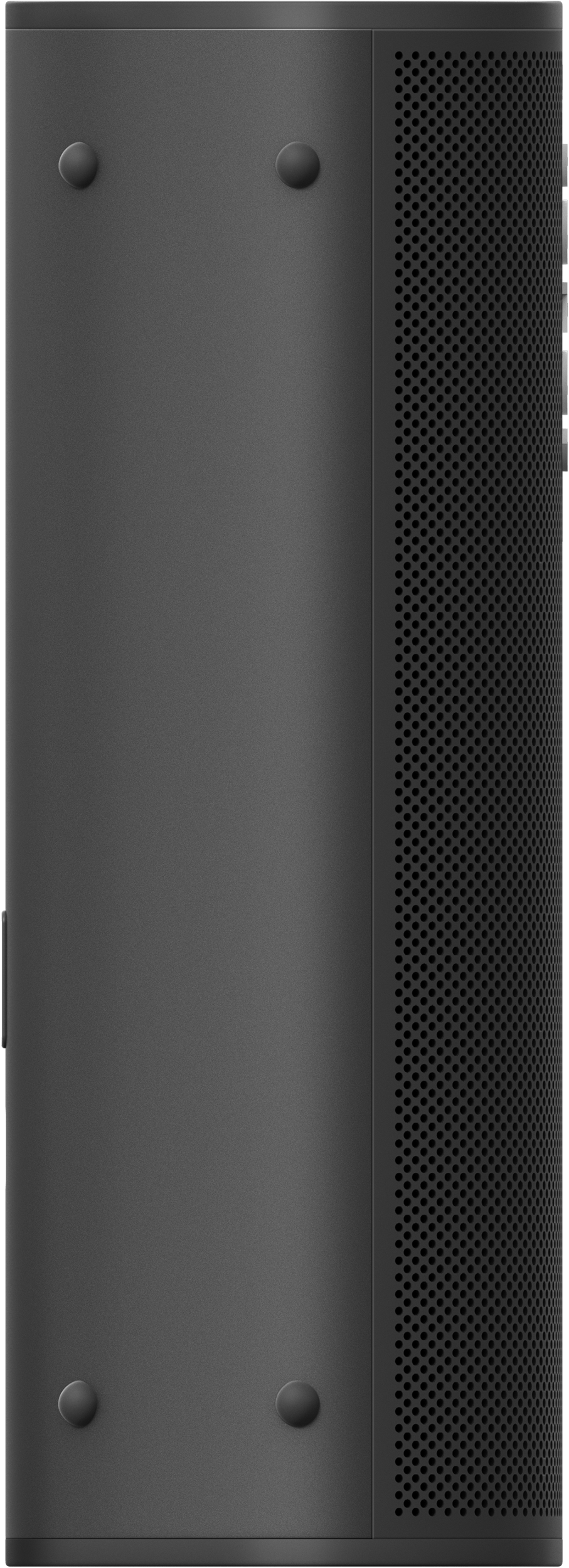 a close up of a black speaker with holes in it on a white background .