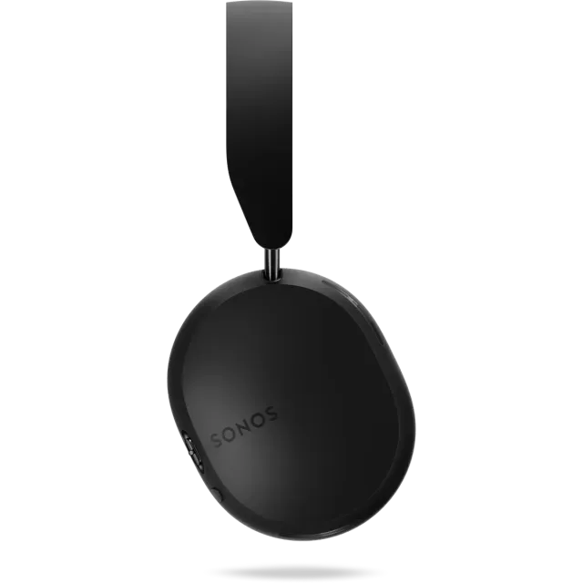 A pair of black sonos headphones on a white background