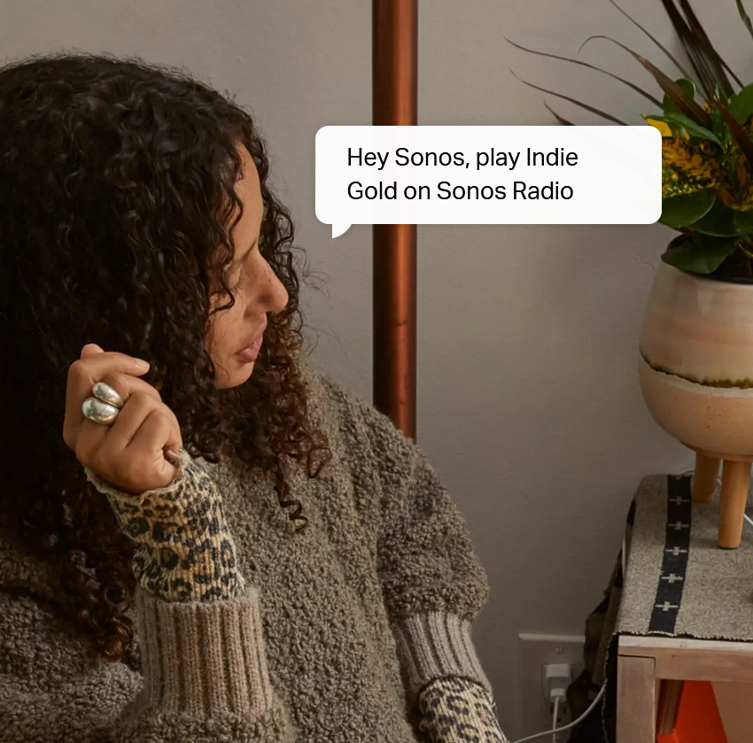 a woman wearing a leopard print sweater has a speech bubble that says hey sonos play indie gold on sonos radio