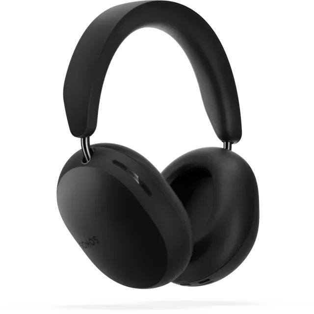 A pair of black sonos headphones on a white background