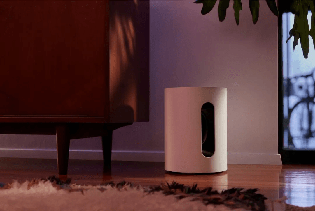 a white cylinder is sitting on a wooden floor next to a plant .