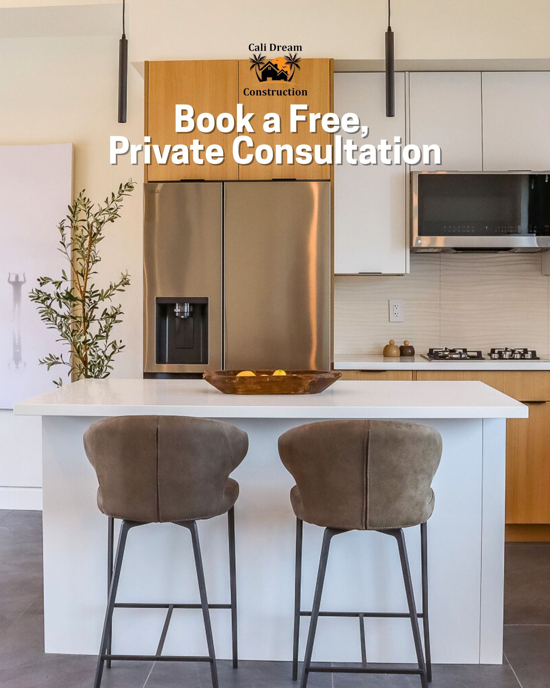 Escondido kitchen remodel with quartz countertops, modern cabinets, and FreeCode’s Private Consultation book on display by Cali Dream Construction