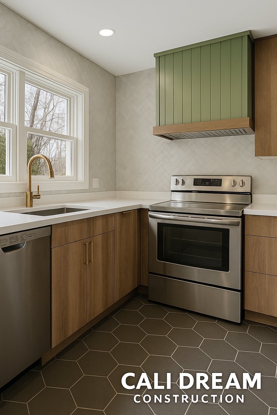 Encinitas kitchen remodel and renovation coastal kitchen design with shaker cabinets, backsplash tile, flooring, and open-concept layout by Cali Dream Construction.