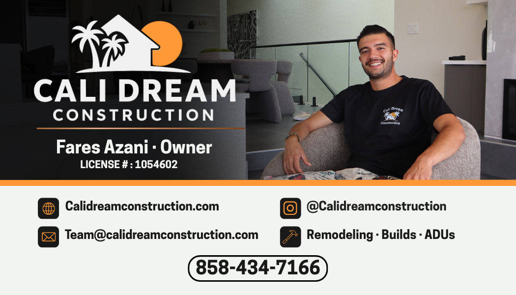 Fares Azani, owner of Cali Dream Construction, a leading home construction and remodeling company serving San Diego, Solana Beach, Del Mar, Encinitas, and surrounding coastal communities. Specializing in luxury home construction, modern remodeling, custom kitchens, bathrooms, ADUs, and high-end residential renovations. Cali Dream Construction delivers quality craftsmanship, innovative design, and client-focused building services across San Diego County.