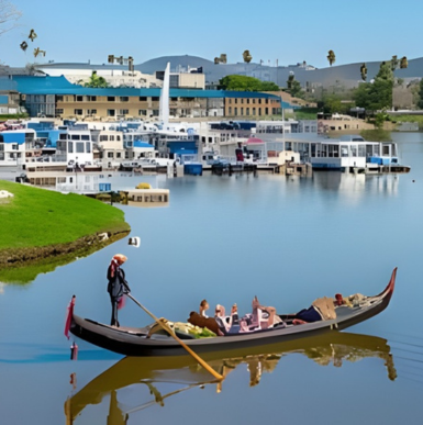 Gondola ride on calm waters with scenic views and elegant vintage boats at Black Swan Gondola Company