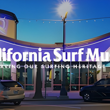 Exterior of California Surf Museum with surfboards and ocean-themed decor