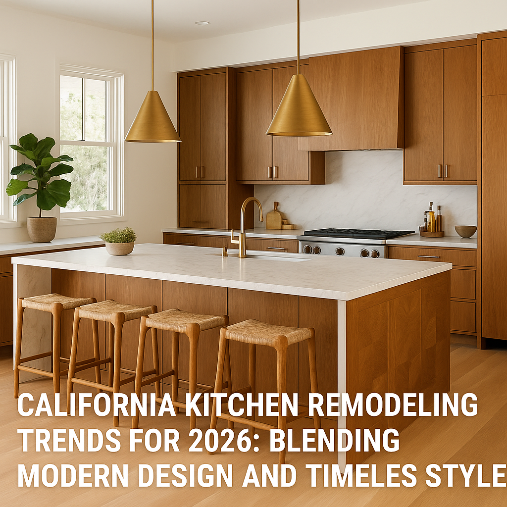 Modern California kitchen remodel featuring open layout, natural light, marble countertops, and wood