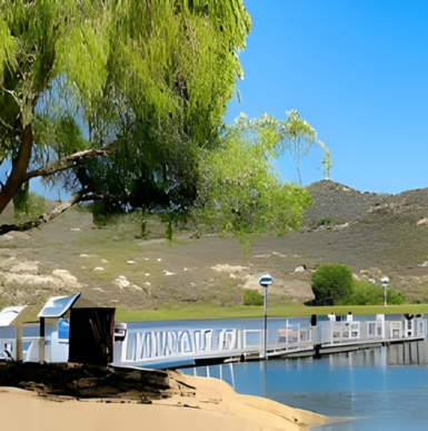 Scenic lake with fishing docks, walking trails, and peaceful natural surroundings at Dixon Lake