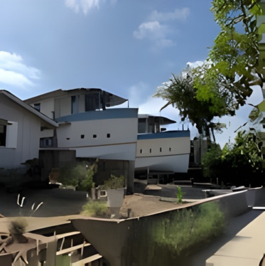 Historic wooden boathouses lining the shoreline with calm waters at Encinitas