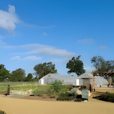 Front entrance of Harvest Market with fresh produce and customers shopping.