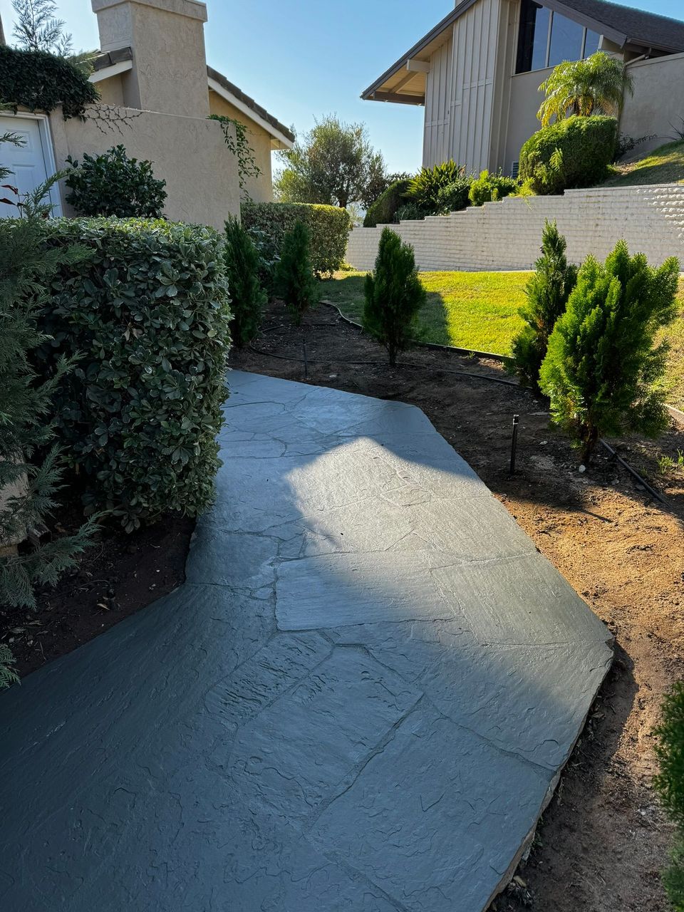 Concrete walkway bordered by landscaping and two-story houses.