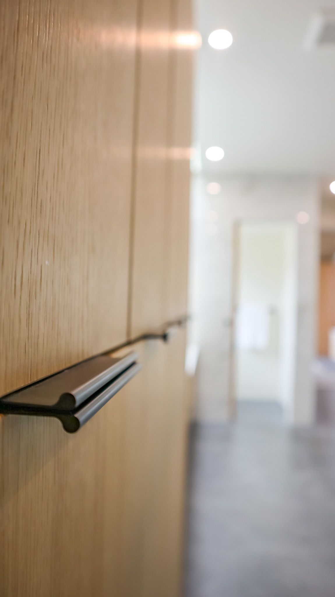 Wooden wall with a horizontal metal towel bar in the foreground, hallway in background.