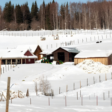 Snow-covered research facility grounds with fenced enclosures at the Large Animal Research Station.